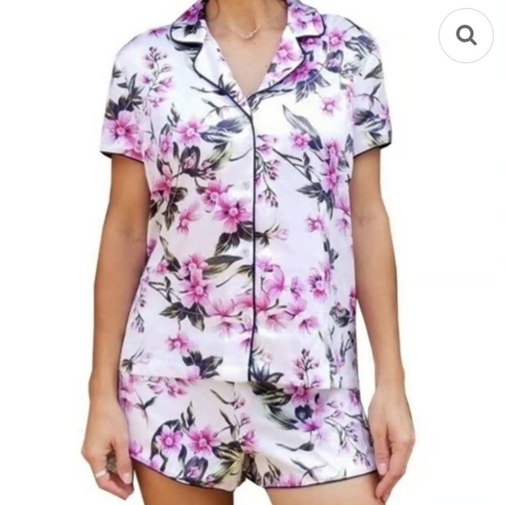 Victoria's Secret Pink and Green Floral Satin Pajama Set